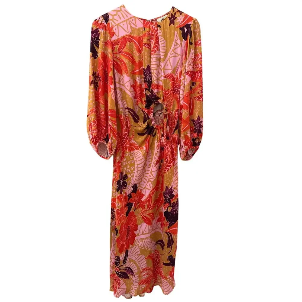 Farm Rio Puff-Sleeve Cutout Slip Maxi Dress Jungle Panther Size Medium - Picture 4 of 10